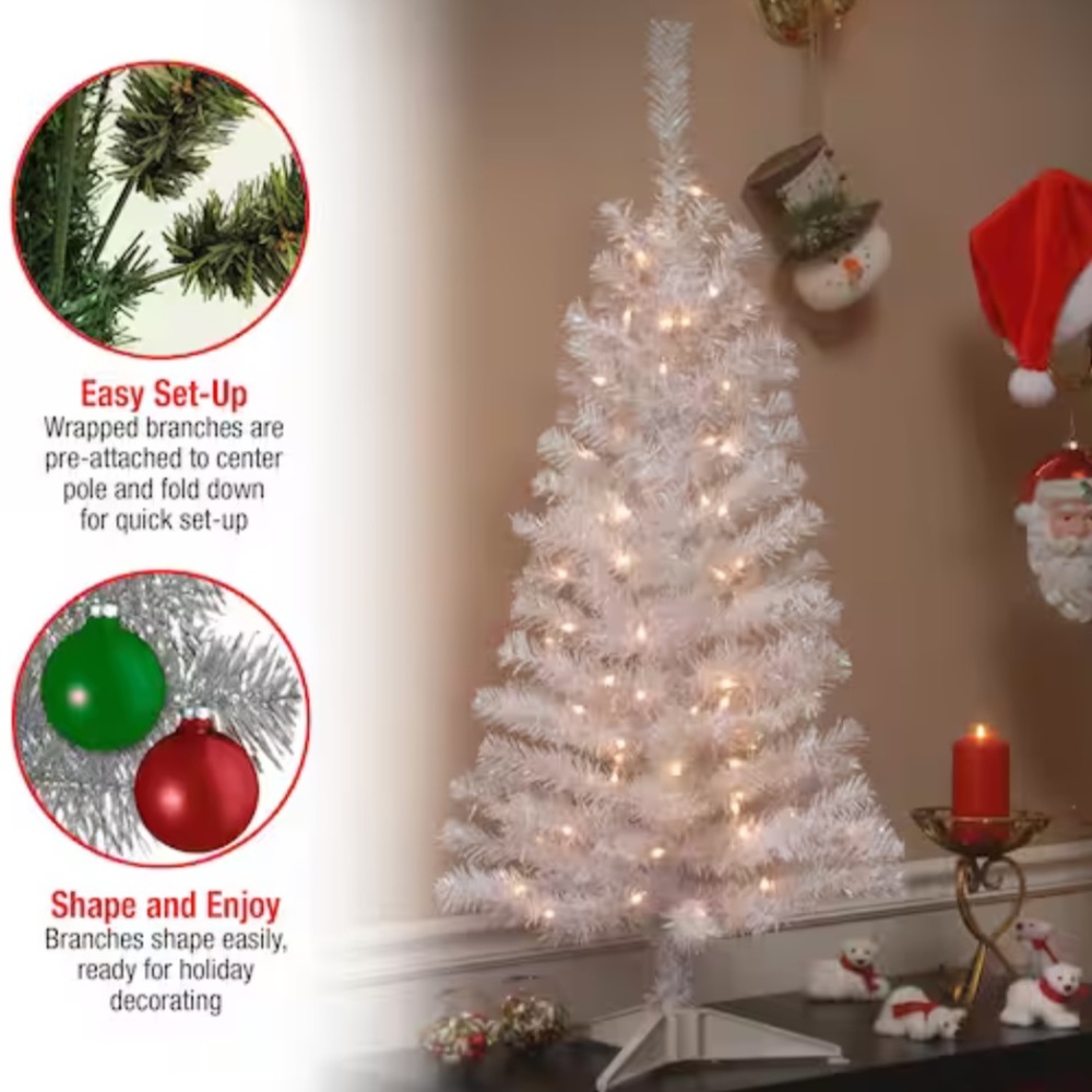 4ft White Slim Tinsel Artificial Christmas Tree Unlit with Stand NWT
